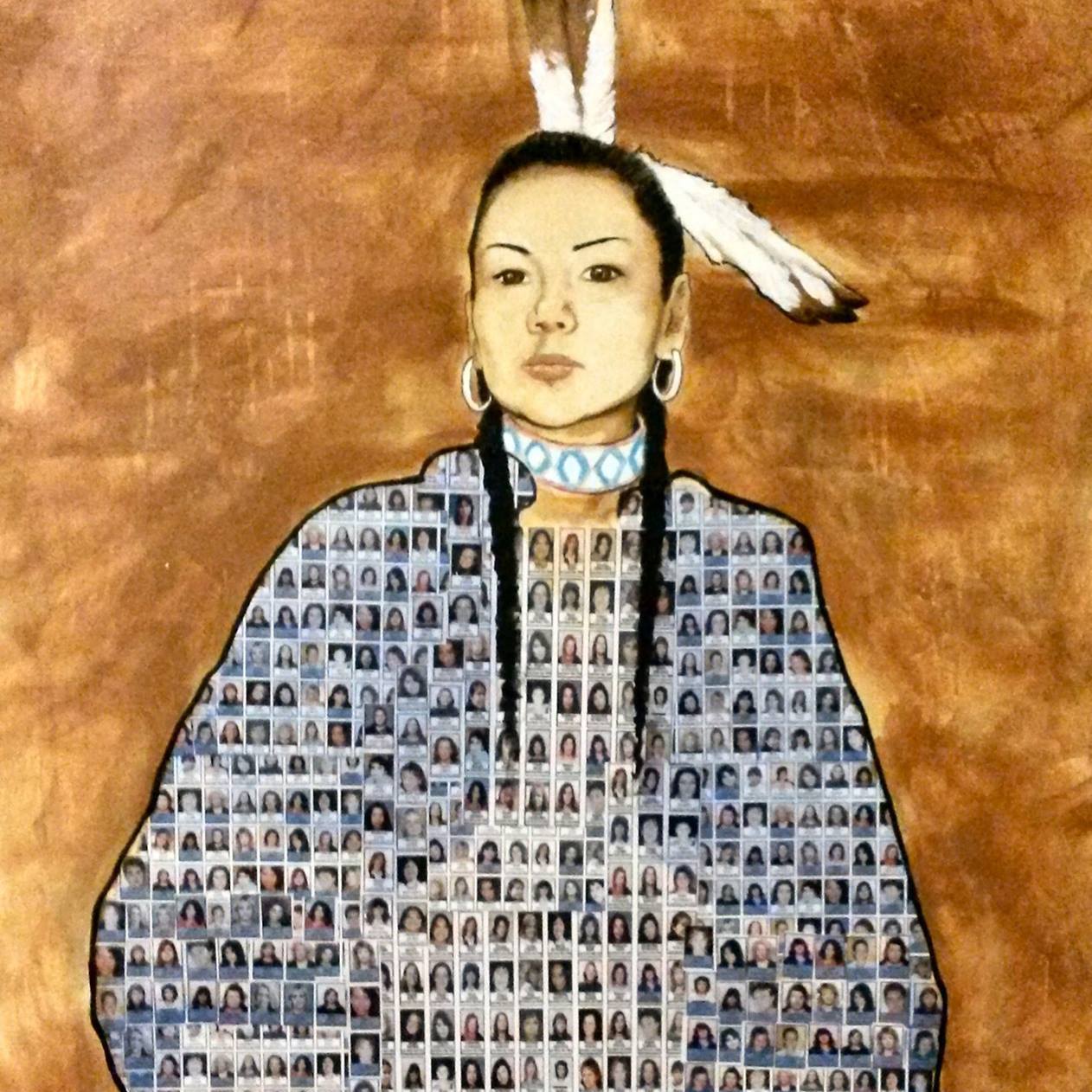 Painting of a Native American woman, made of "missing person" posters